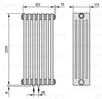 Схема (чертеж) Радиатор Zehnder Charleston 5220/7 №3470 Белый глянцевый RAL 9016